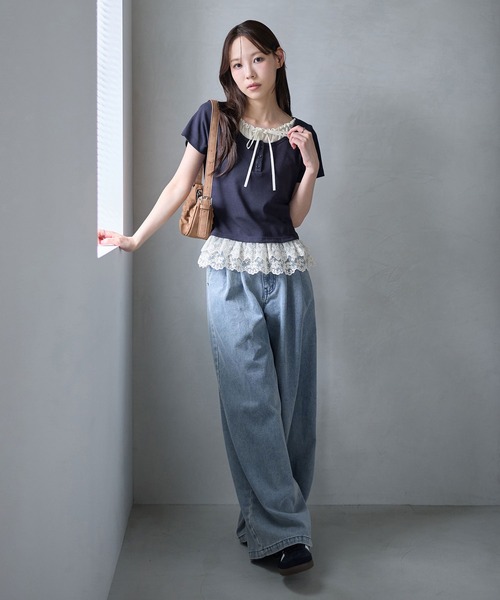 CHAN ME(チャンミ)の「裾ティアードレースフリルレイヤード風半袖トップス(Tシャツ/カットソー・レディース・ブラック/アイボリー/ネイビー・MEDIUM/LARGE/X-LARGE)」の17枚目の写真