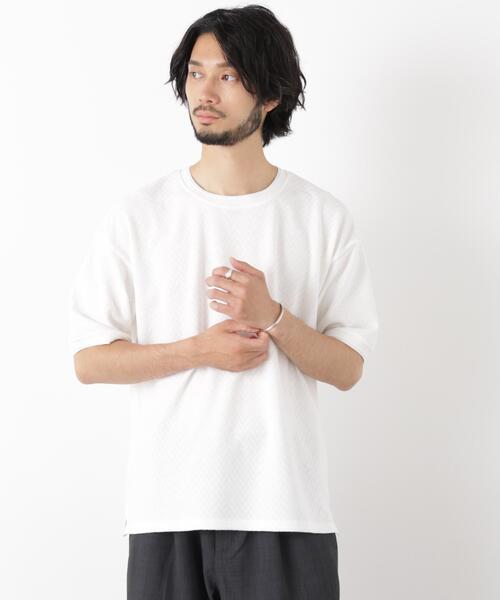 NANO universe(ナノユニバース)の「ヘリンボンジャガードTシャツ 半袖(Tシャツ/カットソー・メンズ・ブルーグリーン/ホワイト/ピンク/スミクロ・S/L/M)」の2枚目の写真