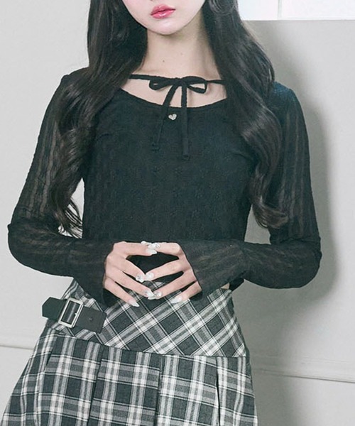 OLIVE des OLIVE(オリーブデオリーブ)の「【Belle Charme】Heart Charm Lace Tops(Tシャツ/カットソー・レディース・オフホワイト/ブラック・FREE)」の8枚目の写真
