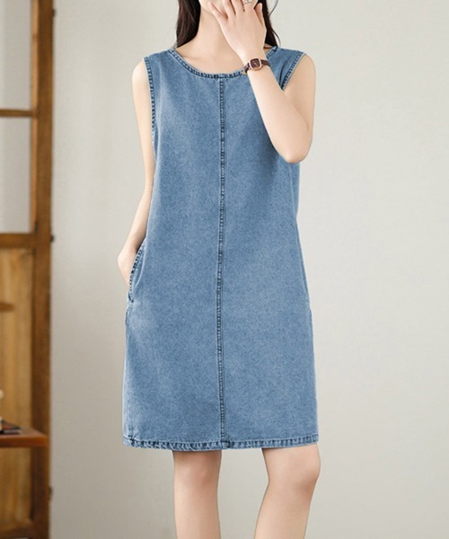 ONEP STAR(ワンピスター)の「デニムAライン2WAYノースリーブワンピース(ワンピース・レディース・ブルー・MEDIUM/X-LARGE/LARGE)」の1枚目の写真