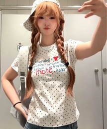 ハートと水玉模様のアルファベットプリント半袖Tシャツ