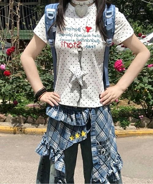 AsheKsha(アシクシャ)の「ハートと水玉模様のアルファベットプリント半袖Tシャツ(Tシャツ/カットソー・レディース・ホワイト・M)」の9枚目の写真