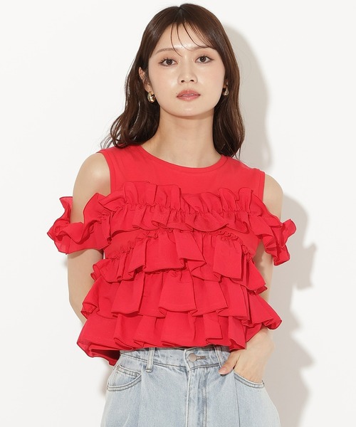 AND COUTURE(アンドクチュール)の「ティアードフリルコンビノースリーブTシャツ(Tシャツ/カットソー・レディース・ブラック/レッド/オフホワイト/クリーム・FREE)」の1枚目の写真