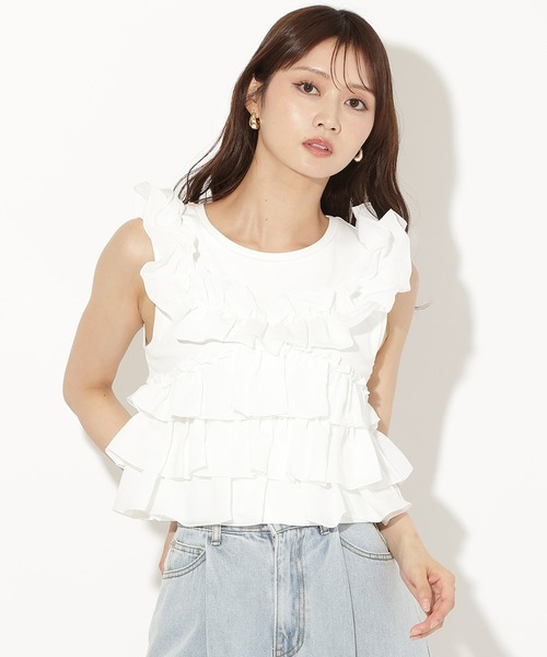 AND COUTURE(アンドクチュール)の「ティアードフリルコンビノースリーブTシャツ(Tシャツ/カットソー・レディース・ブラック/レッド/オフホワイト/クリーム・FREE)」の10枚目の写真