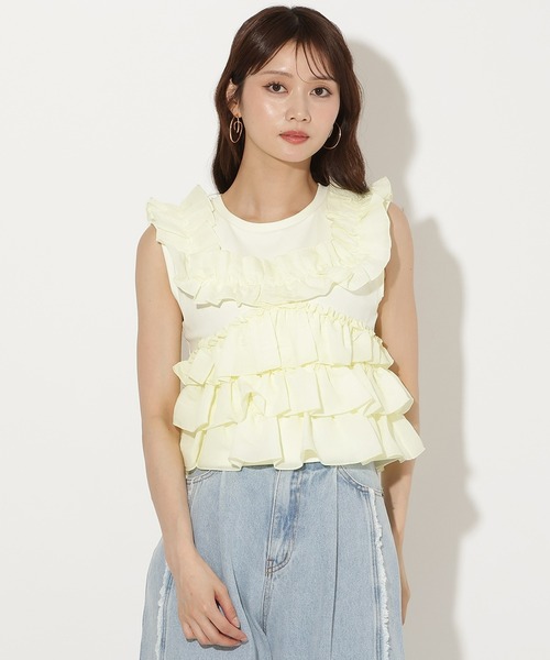 AND COUTURE(アンドクチュール)の「ティアードフリルコンビノースリーブTシャツ(Tシャツ/カットソー・レディース・ブラック/レッド/オフホワイト/クリーム・FREE)」の22枚目の写真