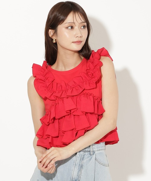 AND COUTURE(アンドクチュール)の「ティアードフリルコンビノースリーブTシャツ(Tシャツ/カットソー・レディース・ブラック/レッド/オフホワイト/クリーム・FREE)」の16枚目の写真