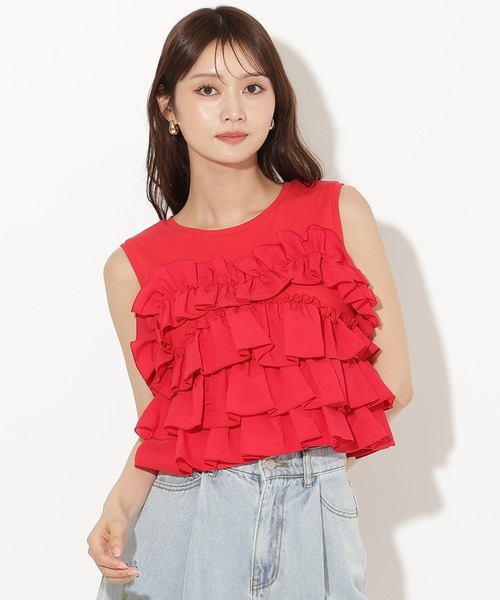 AND COUTURE(アンドクチュール)の「ティアードフリルコンビノースリーブTシャツ(Tシャツ/カットソー・レディース・ブラック/レッド/オフホワイト/クリーム・FREE)」の15枚目の写真