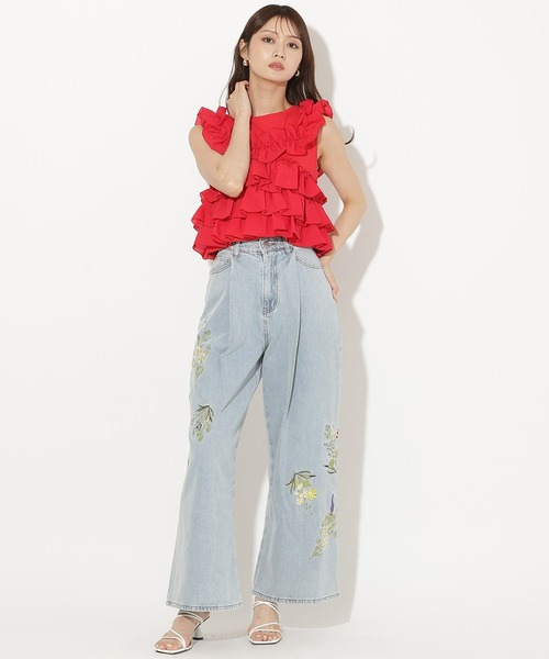 AND COUTURE(アンドクチュール)の「ティアードフリルコンビノースリーブTシャツ(Tシャツ/カットソー・レディース・ブラック/レッド/オフホワイト/クリーム・FREE)」の13枚目の写真