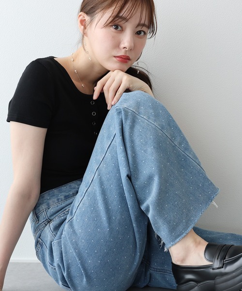 BLUEEAST(ブルーイースト)の「《2サイズ展開》ドットジャガードデニム(デニムパンツ・レディース・ブルー/ネイビー・MEDIUM/LARGE)」の1枚目の写真