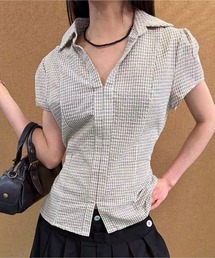 細チェック襟付きウエストリボン半袖シャツ