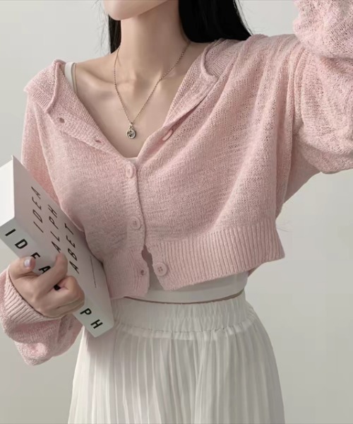 AMAJI(アマジ)の「フード付き バルーンスリーブ ショート丈 ニットカーディガン(カーディガン/ボレロ・レディース・ホワイト/グレー/ライトピンク・FREE)」の3枚目の写真