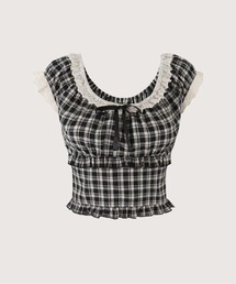 Lace Trim Plaid Bow Top/レーストリムチェック柄リボントップス