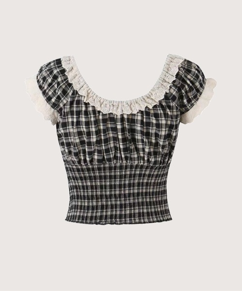LA POMME petit（ラポミ・プチ）の「Lace Trim Plaid Bow Top/レーストリムチェック柄リボントップス（Tシャツ/カットソー・レディース・チェック・FREE）」の2枚目の写真
