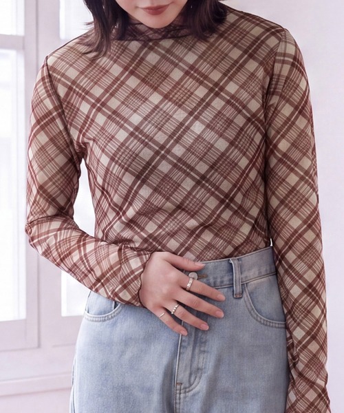 SELECT LEVERY(セレクトリベリー)の「シアーチェックプルオーバー(Tシャツ/カットソー・レディース・ブラック/ブラウン・MEDIUM)」の3枚目の写真