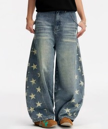 スタープリント ヴィンテージウォッシュ サイドライン バギーデニムパンツ