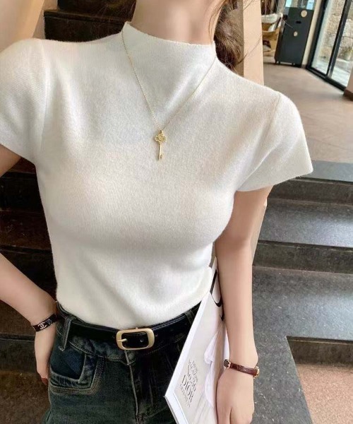 gossip!ロサンゼルス(ゴシップロサンゼルス)の「ハーフネック 半袖ニットトップス レディース タイトシルエット 細見え きれいめインナー 春夏秋 ベーシック(Tシャツ/カットソー・レディース・ブラウン/ブラック/ダークグレー/ホワイト・FREE)」の1枚目の写真