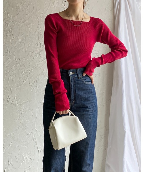 She's Closet(シーズクローゼット)の「長袖 スクエアネック リブニット トップス(ニット/セーター・レディース・レッド/アイボリー/ブラック/ネイビー/ブラウン・FREE)」の17枚目の写真