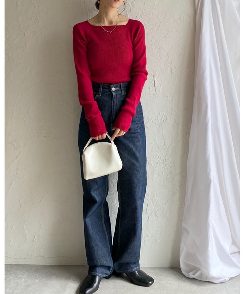 She's Closet(シーズクローゼット)の「長袖 スクエアネック リブニット トップス(ニット/セーター・レディース・レッド/アイボリー/ブラック/ネイビー/ブラウン・FREE)」の6枚目の写真
