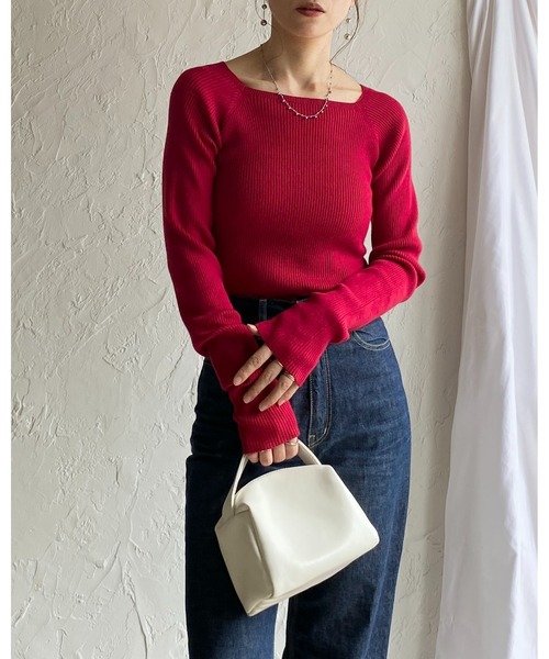 She's Closet(シーズクローゼット)の「長袖 スクエアネック リブニット トップス(ニット/セーター・レディース・レッド/アイボリー/ブラック/ネイビー/ブラウン・FREE)」の11枚目の写真