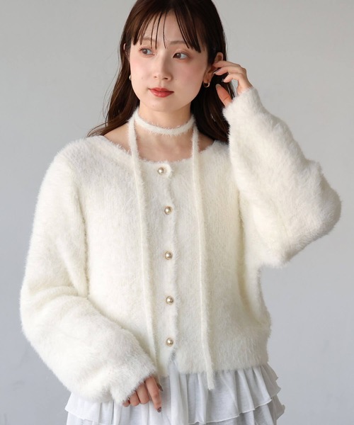 tiptop(ティップトップ)の「フェザーチョーカー付き2wayカーディガン(カーディガン/ボレロ・レディース・ライトグリーン/アイボリー/ブラウン/チャコールグレー・FREE)」の1枚目の写真