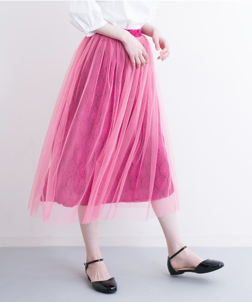 merlot plus（メルロープリュス）の「刺繍レース×チュールスカート9198（スカート・レディース・ブラック/ブルー/ピンク/ベージュ・FREE）」の4枚目の写真