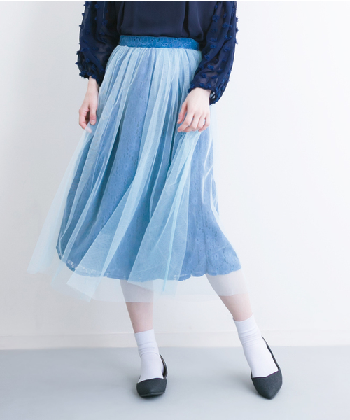 merlot plus（メルロープリュス）の「刺繍レース×チュールスカート9198（スカート・レディース・ブラック/ブルー/ピンク/ベージュ・FREE）」の3枚目の写真