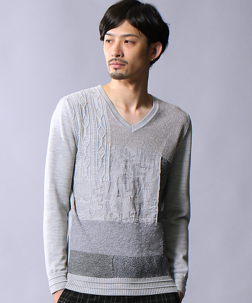 5351 POUR LES HOMMES（ゴーサンゴーイチプールオム）の「インターシャパッチワークニット（ニット/セーター・メンズ・グレー/カーキ/ブラック・44/46/48）」の3枚目の写真