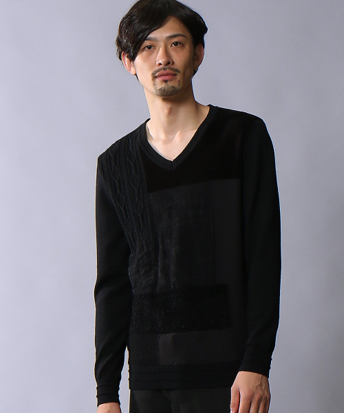 5351 POUR LES HOMMES（ゴーサンゴーイチプールオム）の「インターシャパッチワークニット（ニット/セーター・メンズ・グレー/カーキ/ブラック・44/46/48）」の2枚目の写真