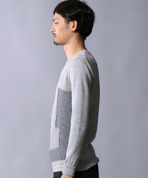 5351 POUR LES HOMMES（ゴーサンゴーイチプールオム）の「インターシャパッチワークニット（ニット/セーター・メンズ・グレー/カーキ/ブラック・44/46/48）」の5枚目の写真