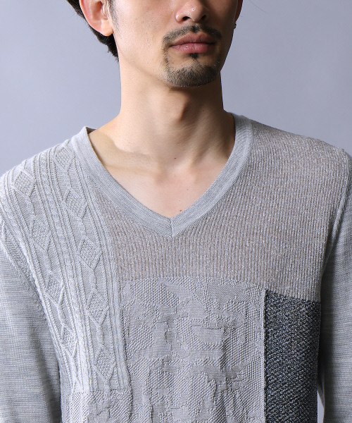 5351 POUR LES HOMMES（ゴーサンゴーイチプールオム）の「インターシャパッチワークニット（ニット/セーター・メンズ・グレー/カーキ/ブラック・44/46/48）」の7枚目の写真