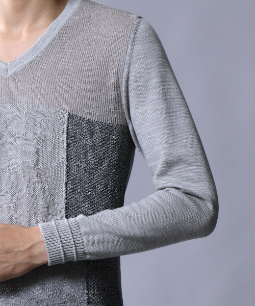 5351 POUR LES HOMMES（ゴーサンゴーイチプールオム）の「インターシャパッチワークニット（ニット/セーター・メンズ・グレー/カーキ/ブラック・44/46/48）」の8枚目の写真