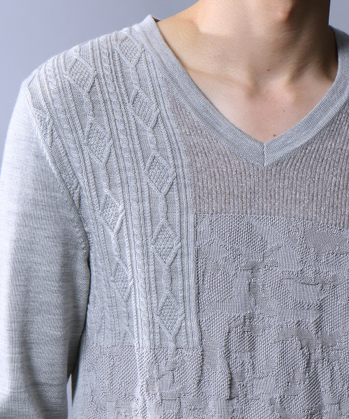 5351 POUR LES HOMMES（ゴーサンゴーイチプールオム）の「インターシャパッチワークニット（ニット/セーター・メンズ・グレー/カーキ/ブラック・44/46/48）」の10枚目の写真