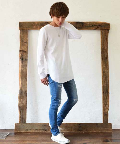 MinoriTY（マイノリティ）の「ロンT 長袖ワッフル ロング丈 ロングスリーブカットソー 春服 冬服（Tシャツ/カットソー・メンズ・ブラック/ベージュ/オフホワイト/カーキ/ピンク/ネイビー/杢グレー・M/L/XL）」の8枚目の写真