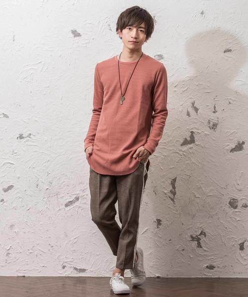 MinoriTY（マイノリティ）の「ロンT 長袖ワッフル ロング丈 ロングスリーブカットソー 春服 冬服（Tシャツ/カットソー・メンズ・ブラック/ベージュ/オフホワイト/カーキ/ピンク/ネイビー/杢グレー・M/L/XL）」の9枚目の写真