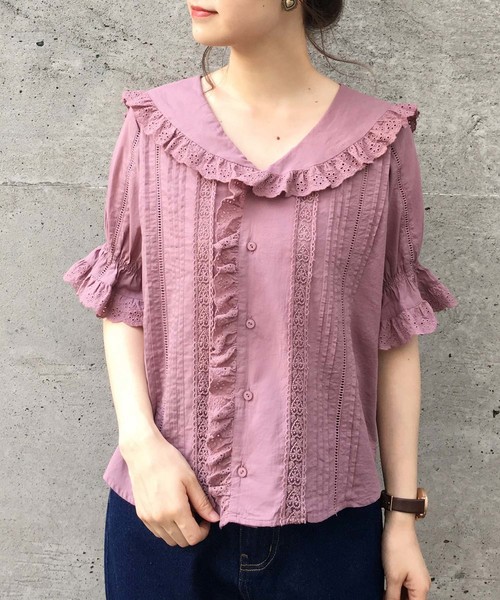 one after another NICE CLAUP（ワンアフターアナザーナイスクラップ）の「【ZOZO限定】 フリルレースブラウス（シャツ/ブラウス・レディース・オフホワイト/ピンク/チェック・FREE）」の3枚目の写真