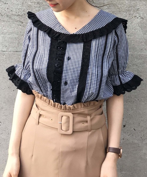 one after another NICE CLAUP（ワンアフターアナザーナイスクラップ）の「【ZOZO限定】 フリルレースブラウス（シャツ/ブラウス・レディース・オフホワイト/ピンク/チェック・FREE）」の5枚目の写真