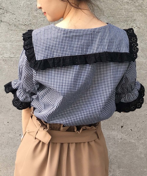 one after another NICE CLAUP（ワンアフターアナザーナイスクラップ）の「【ZOZO限定】 フリルレースブラウス（シャツ/ブラウス・レディース・オフホワイト/ピンク/チェック・FREE）」の6枚目の写真