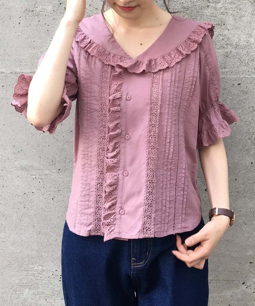 one after another NICE CLAUP（ワンアフターアナザーナイスクラップ）の「【ZOZO限定】 フリルレースブラウス（シャツ/ブラウス・レディース・オフホワイト/ピンク/チェック・FREE）」の11枚目の写真