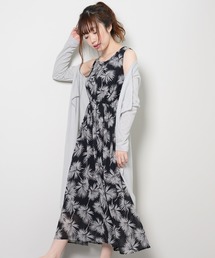 ノースリーブ ロングワンピース ヤシ柄 ボタニカル