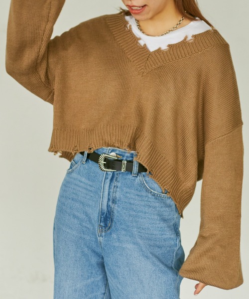 WEGO（ウィゴー）の「WEGO/ダメージVネックニットセットロンT（ニット/セーター・レディース・ブラック/オレンジ/グリーン/杢グレー/ベージュ・FREE）」の3枚目の写真