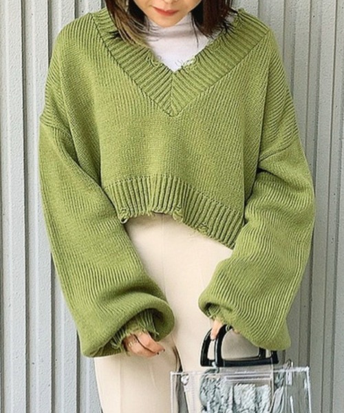 WEGO（ウィゴー）の「WEGO/ダメージVネックニットセットロンT（ニット/セーター・レディース・ブラック/オレンジ/グリーン/杢グレー/ベージュ・FREE）」の4枚目の写真