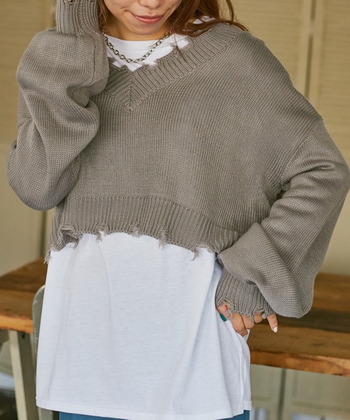 WEGO（ウィゴー）の「WEGO/ダメージVネックニットセットロンT（ニット/セーター・レディース・ブラック/オレンジ/グリーン/杢グレー/ベージュ・FREE）」の15枚目の写真