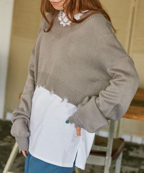 WEGO（ウィゴー）の「WEGO/ダメージVネックニットセットロンT（ニット/セーター・レディース・ブラック/オレンジ/グリーン/杢グレー/ベージュ・FREE）」の11枚目の写真