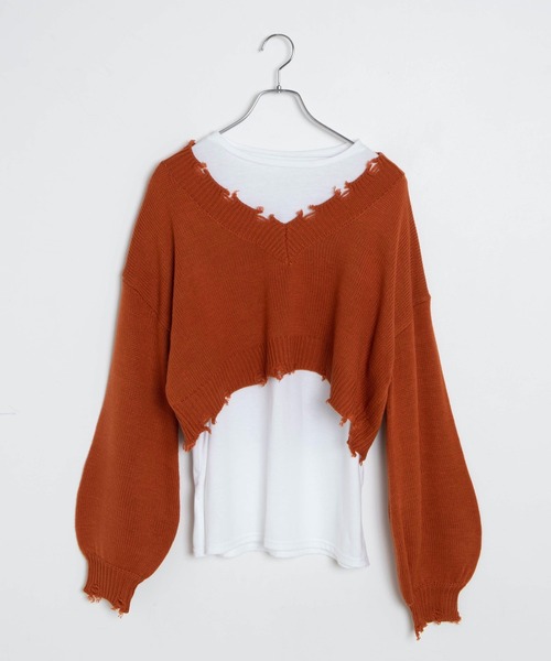 WEGO（ウィゴー）の「WEGO/ダメージVネックニットセットロンT（ニット/セーター・レディース・ブラック/オレンジ/グリーン/杢グレー/ベージュ・FREE）」の21枚目の写真