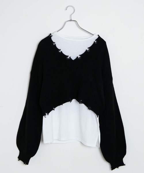 WEGO（ウィゴー）の「WEGO/ダメージVネックニットセットロンT（ニット/セーター・レディース・ブラック/オレンジ/グリーン/杢グレー/ベージュ・FREE）」の22枚目の写真