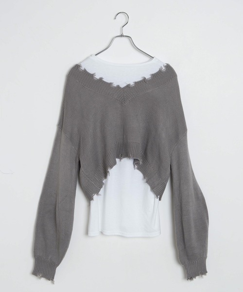 WEGO（ウィゴー）の「WEGO/ダメージVネックニットセットロンT（ニット/セーター・レディース・ブラック/オレンジ/グリーン/杢グレー/ベージュ・FREE）」の19枚目の写真