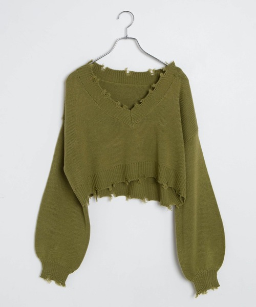 WEGO（ウィゴー）の「WEGO/ダメージVネックニットセットロンT（ニット/セーター・レディース・ブラック/オレンジ/グリーン/杢グレー/ベージュ・FREE）」の16枚目の写真