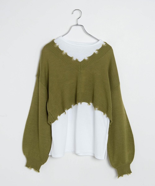 WEGO（ウィゴー）の「WEGO/ダメージVネックニットセットロンT（ニット/セーター・レディース・ブラック/オレンジ/グリーン/杢グレー/ベージュ・FREE）」の17枚目の写真