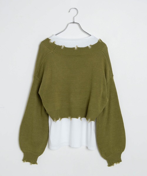 WEGO（ウィゴー）の「WEGO/ダメージVネックニットセットロンT（ニット/セーター・レディース・ブラック/オレンジ/グリーン/杢グレー/ベージュ・FREE）」の18枚目の写真