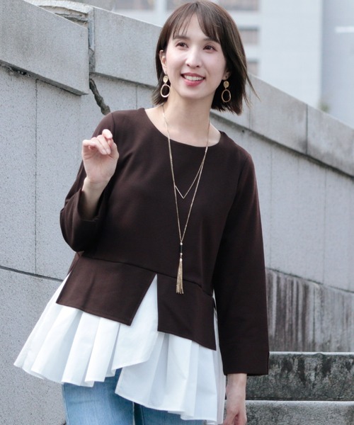 ElegChic(エレグシック)の「レイヤードプルオーバートップス(Tシャツ/カットソー・レディース・ネイビー/ベージュ/ブラック/ブラウン・F)」の3枚目の写真